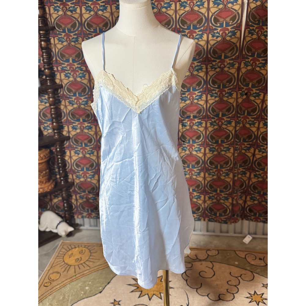 Intimate Affair Vintage Blue Lace Trim Slip Dress Lingerie Medium